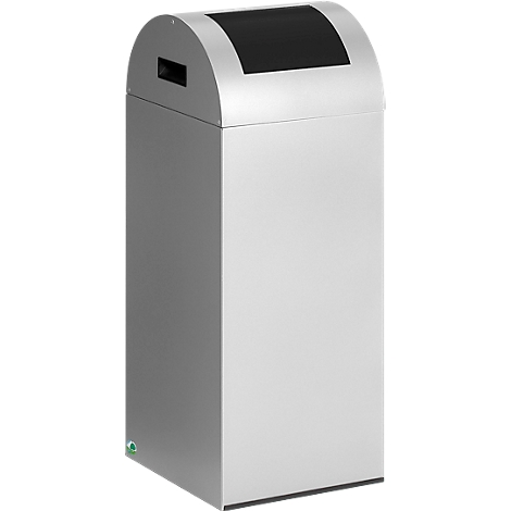 Silver trash can with black slot.