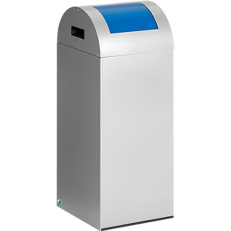 Silver trash can with blue lid. Rounded top, with opening. Upright, smooth, for indoor use.