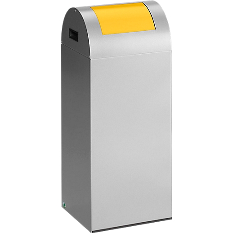 Silver trash can with a yellow lid. The lid is arched. There is a slot for waste at the top.