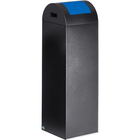 Black waste bin with blue lid. It has a rectangular shape with a rounded top and a slot for waste.