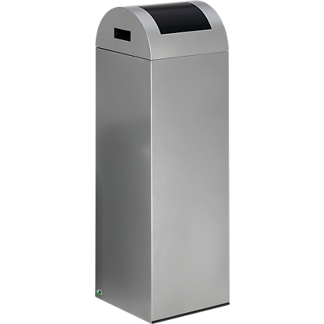 Silver, rectangular trash can with black lid and slot. The bin is standing upright.