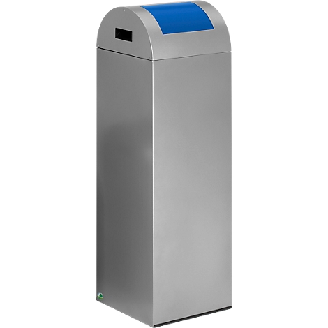 A rectangular metal container with a rounded top and a blue lid. An input slot is located at the top.
