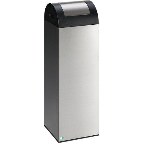 Tall, rectangular metal trash can with black lid. Top: narrow opening. Bottom: green logo.
