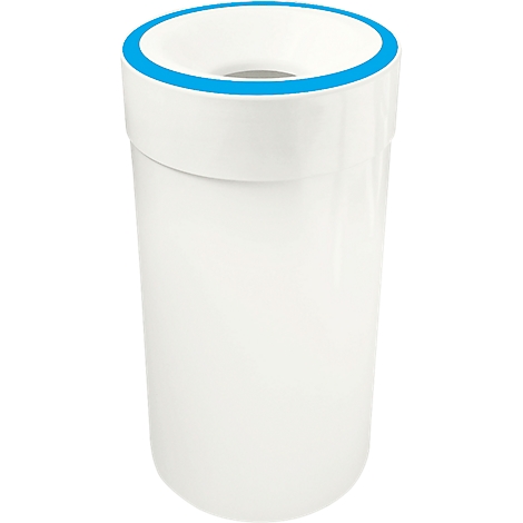 White cylindrical trash can with blue rim.