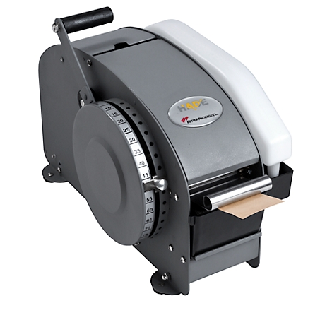 Gray tape dispenser machine. On the side is a dial with numbers. A piece of paper is sticking out of the machine.