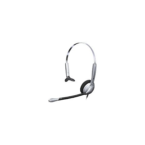 Ein silbernes Headset vor weißem Hintergrund. Der Mikrofonarm ist schwarz.