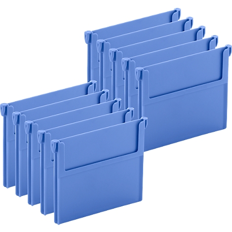 Organizadores de cajones azules, apilados, para organizar cajones. Rectangulares, con dos asas.