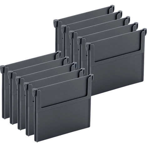 Séparateurs de tiroirs gris qui peuvent être empilés ou placés côte à côte.