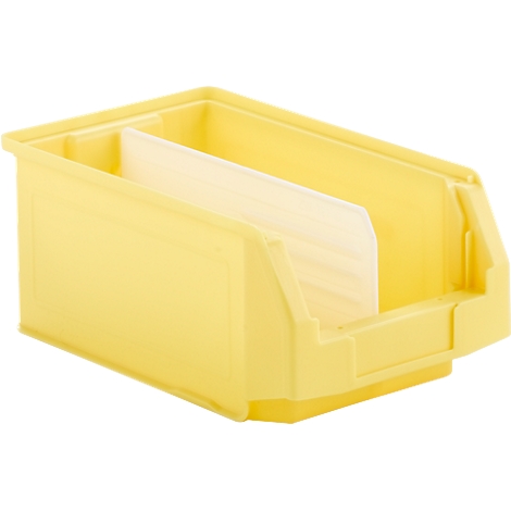 Yellow, rectangular storage bin with a divider that splits the interior into two compartments.