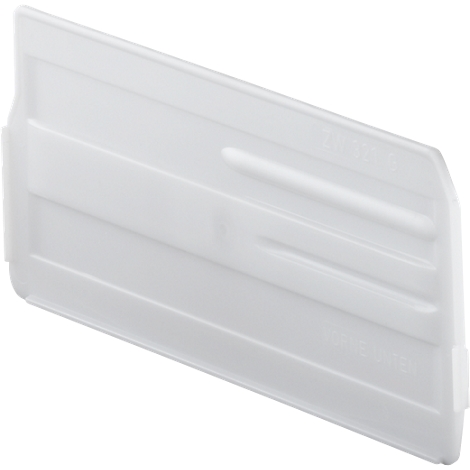 A white plastic part at an angle, with vertical grooves and writing. Inscription: TOP/UP.