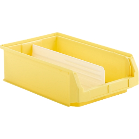Yellow plastic box with a divider. The box has a slanted front, the divider is light beige.