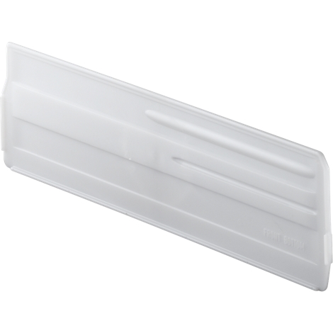 A white plastic part, angled from the top left to the bottom right. Three horizontal lines and an elongated recess are visible.
