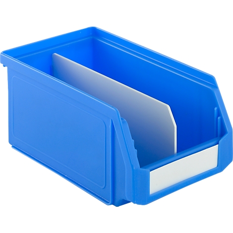 Blue plastic box with white divider and labeling field.