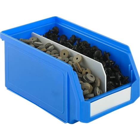Blue sorting box with three compartments filled with various parts.
