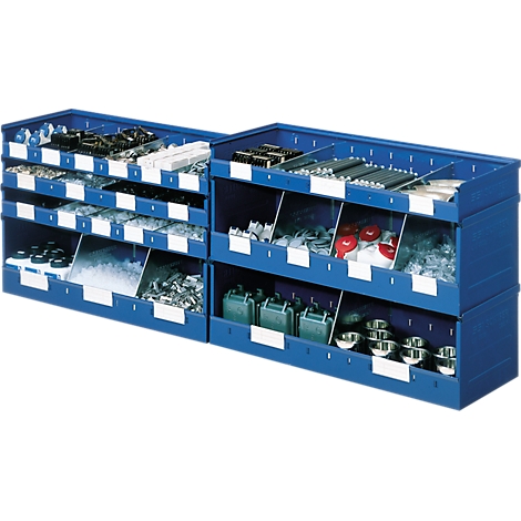 Blue storage boxes with various small parts in compartments. White labels on the boxes.