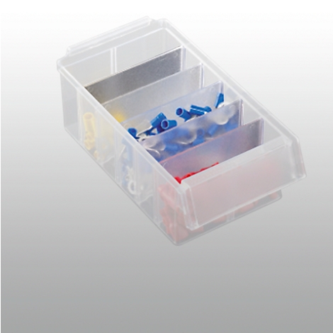 Transparent plastic box with several compartments filled with various electrical connectors in blue, yellow, and red.
