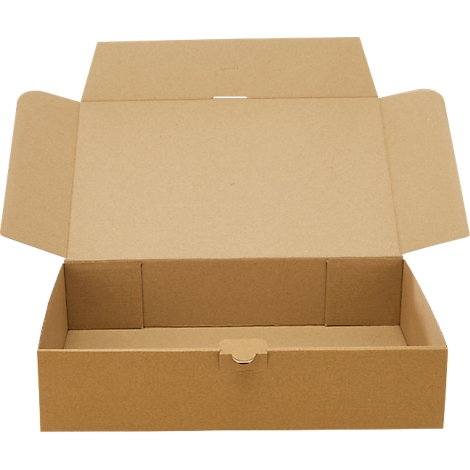 Offener brauner Pappkarton aus Wellpappe vor neutralem Hintergrund.