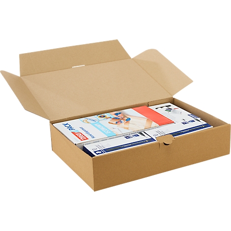Geöffneter Versandkarton aus brauner Wellpappe mit innenliegenden Produktverpackungen.