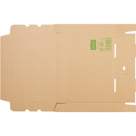 Flach ausgebreiteter Versandkarton aus brauner Wellpappe mit grünem Druck.