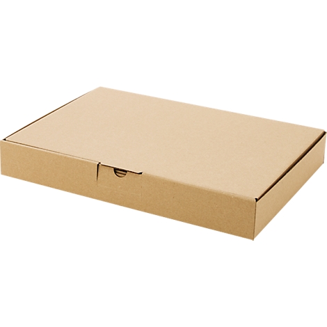 Flacher, brauner Pappkarton aus Wellpappe vor weißem Hintergrund.