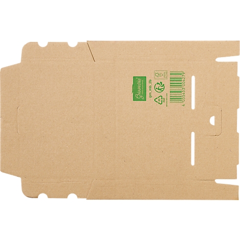 Flach ausgebreiteter, brauner Karton-Zuschnitt aus Wellpappe mit grünem Aufdruck und Barcode.
