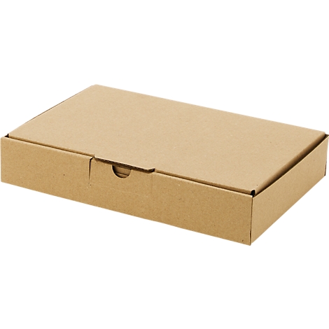 Flacher, rechteckiger Karton aus brauner Wellpappe mit Verschlusslasche.