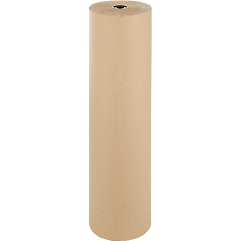 Eine aufrecht stehende, zylindrische Rolle aus beigefarbenem Packpapier vor neutralem Hintergrund.