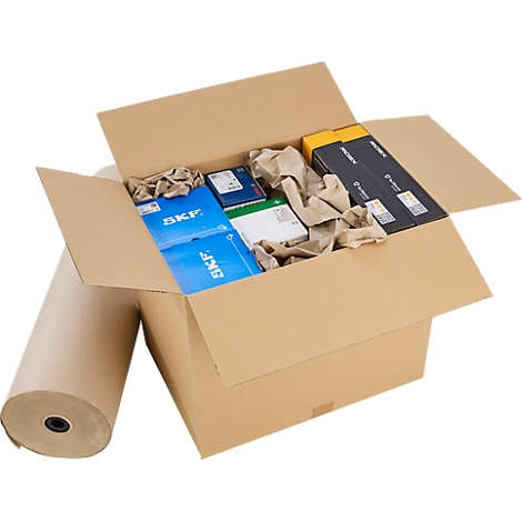 Offener Pappkarton mit verpackten SKF-Produkten und Füllpapier, daneben eine Rolle braunes Packpapier.