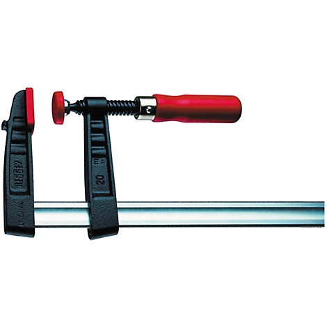 Serre-joint avec poignée rouge et surface d'appui rouge. Cadre noir, barre argentée.
