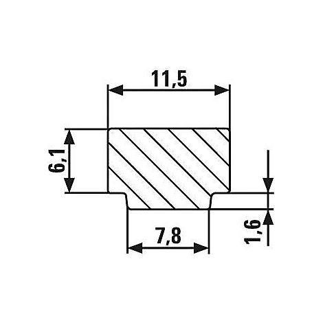 Dessin technique d'un composant rectangulaire avec hachures diagonales et dimensions en noir sur fond blanc.