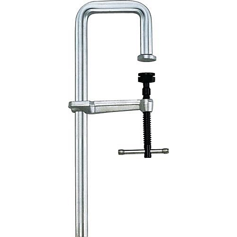 Serre-joint en métal, avec poignée rotative noire et broche pour serrer les pièces.