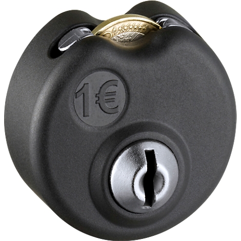 Serrure noire avec une pièce. Un signe euro avec le chiffre 1 est gravé en haut à gauche.