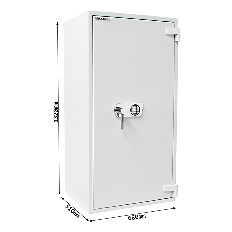 Coffre-fort blanc avec serrure numérique et clé. Dimensions : 1320mm x 680mm x 510mm.