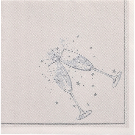 Twee champagneglazen die klinken, sterren eromheen, getekend op een servet.