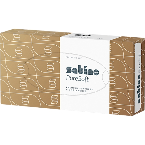 Une boîte rectangulaire au motif marron avec une bande centrale blanche, marquée Satino PureSoft mouchoirs.