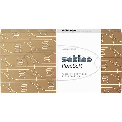 Boîte rectangulaire de mouchoirs en papier marron à motifs blancs avec une bande centrale blanche portant le logo Satino PureSoft.