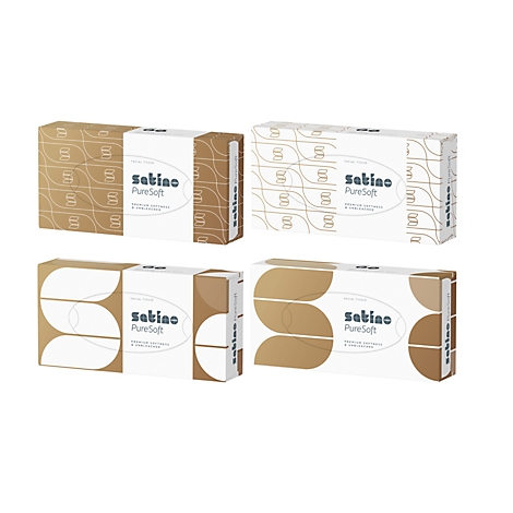 Plusieurs boîtes de mouchoirs Sabino PureSoft, avec des motifs marron et blancs.