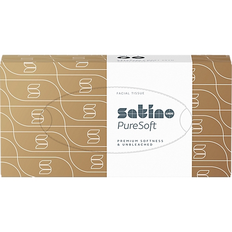 Boîte de mouchoirs avec le texte "Satino PureSoft". Motif de symboles "S" blancs sur fond marron.