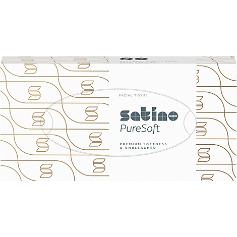 Boîte de mouchoirs Satino PureSoft blanche avec motif et lettrage marron.