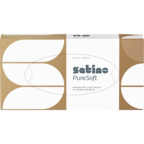 Boîte de mouchoirs sur fond blanc. Inscription : Satino PureSoft, Premium Softness & Unbleached.