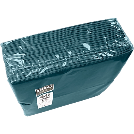 Un paquet de serviettes vert foncé enveloppé dans du papier d'aluminium. L'étiquette indique 'PRO qualité' et '40 Serviettes'.