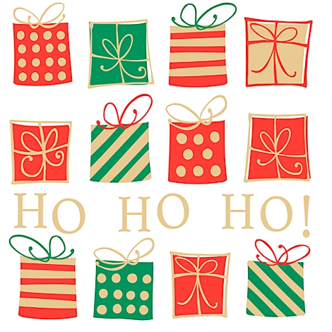 Petits coffrets cadeaux rouges, verts et beiges avec des nœuds. En dessous, il est écrit "HO HO HO!".
