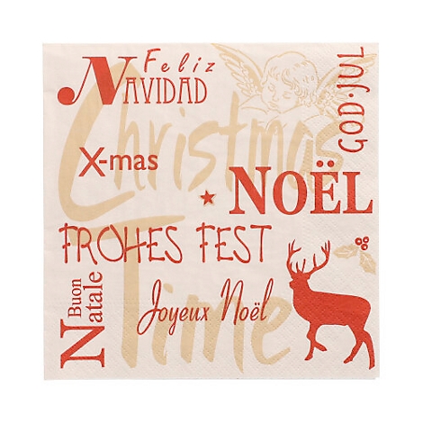 Serviette avec des vœux de Noël dans différentes langues et un renne rouge.