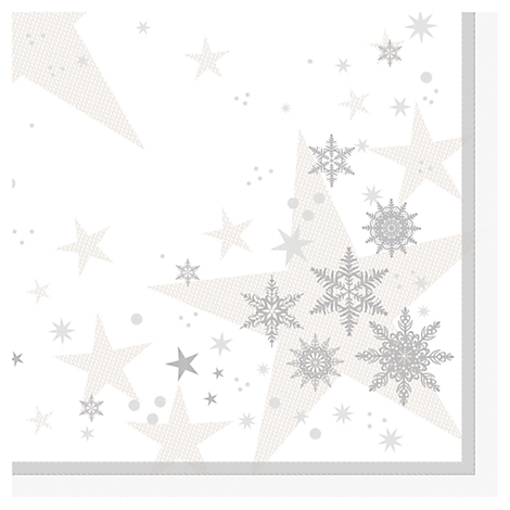 Serviette avec étoiles et flocons de neige en gris et blanc. Design d'angle avec motif d'étoiles et flocons de neige.