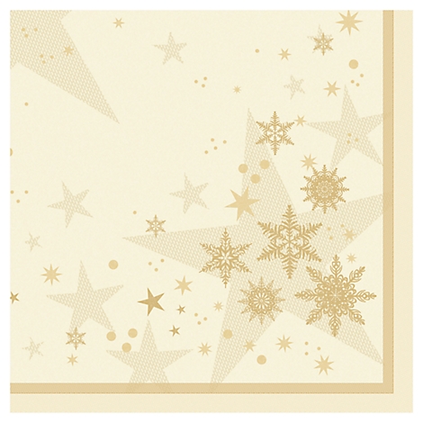 Serviette beige avec des étoiles et des flocons de neige dorés. Grandes étoiles avec des motifs à pois sur les coins.