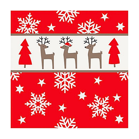 Motif avec des rennes, des sapins de Noël, des flocons de neige et des étoiles sur fond rouge.
