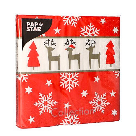 Paquet de serviettes de Noël rouges, décoré de rennes, de flocons de neige et d'étoiles.