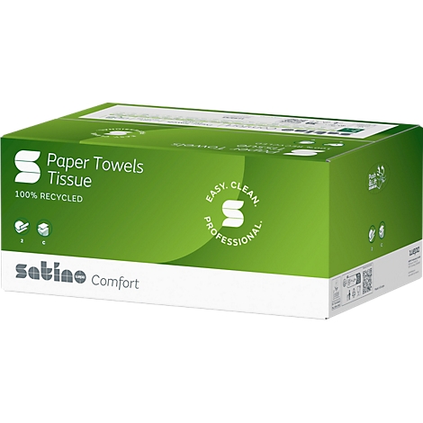 Une boîte verte de serviettes en papier, avec du texte tel que "Paper Towels Tissue", "100% Recycled" et "Satino Comfort".