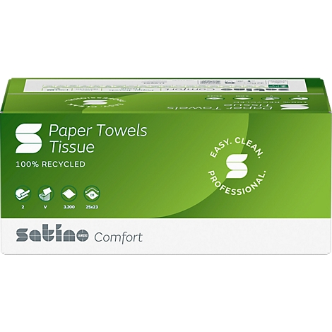 Boîte verte de serviettes en papier avec texte 'Paper Towels Tissue', '100% Recycled', 'Satino Comfort'.
