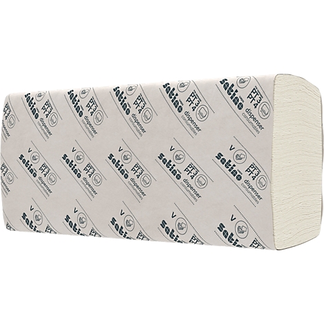 Un paquet d'essuie-mains en papier avec le nom de marque 'satino'. Le papier est blanc, l'emballage est imprimé.